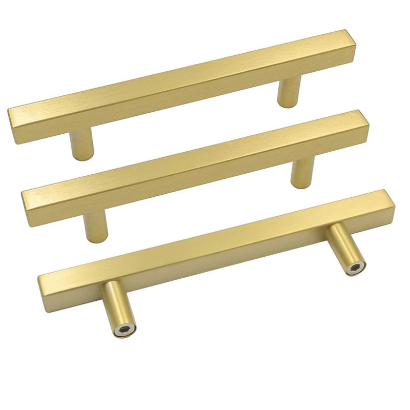 goldenwarm Brushed Brass Cabinet Pulls Kitchen Hardware Gold Drawer Pulls 6.25 Inch Hole Centers - LS1212GD160 Square T Bar Gold Knobs Dresser Cupboard Door Handles Stainless Steel 20 Pack - Image 1
